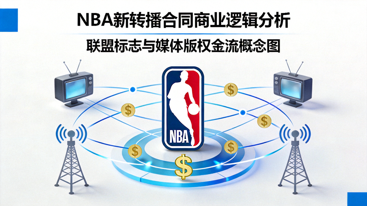 NBA新转播合同商业逻辑分析：联盟标志与媒体版权金流概念图，展示NBA logo、电视转播塔与美元符号交织的视觉符号