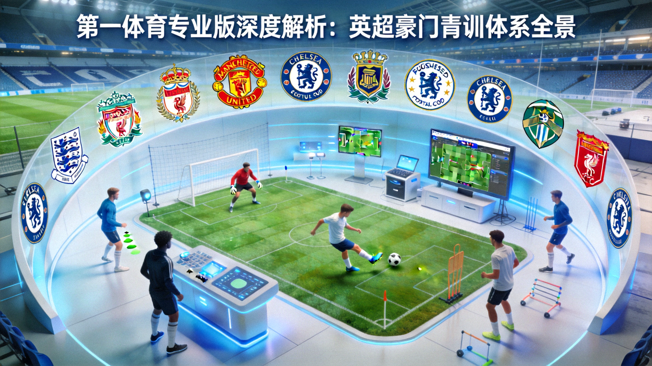 第一体育专业版深度解析：英超豪门青训体系全景，年轻球员在现代化训练基地中训练，背景为英超俱乐部徽章，象征青训重塑转会市场格局