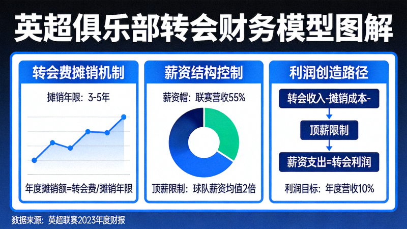 英超俱乐部转会财务模型图解，展示摊销、薪资控制与利润创造机制