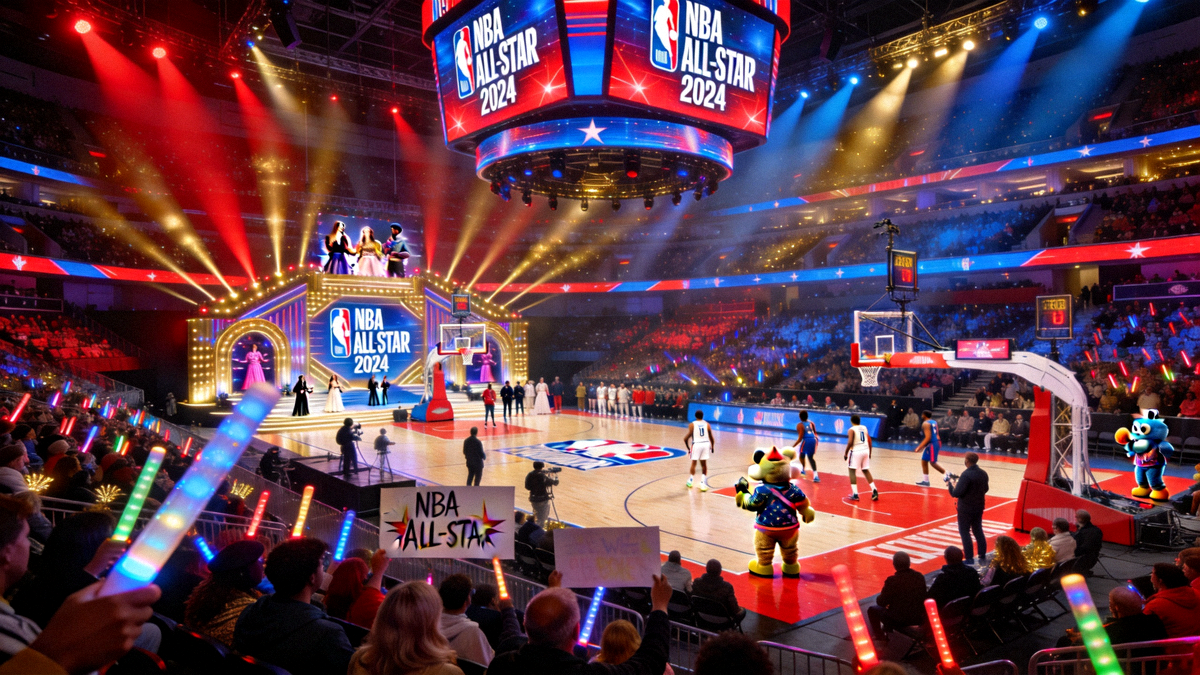NBA全明星赛现场全景，展示球场、灯光与观众氛围，凸显赛事娱乐属性