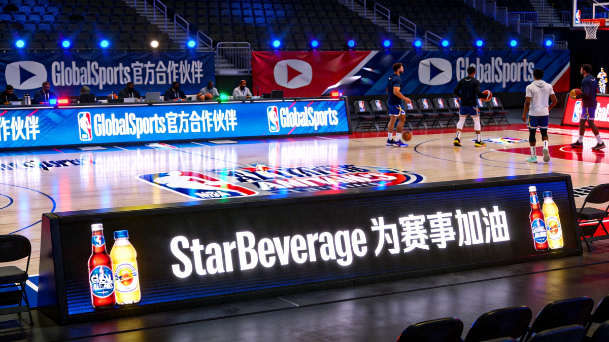 NBA全明星赛赞助商品牌广告在球场边的展示，体现商业合作