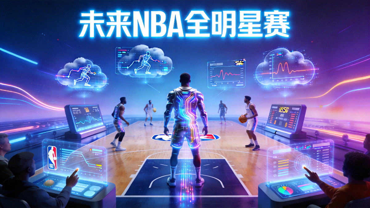 未来体育赛事概念图，融合科技、数据与互动元素，象征NBA全明星赛进化方向