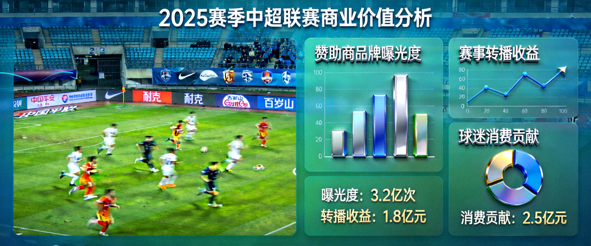 2025赛季中超联赛商业价值分析主题图片：球场、赞助商品牌标识与数据分析图表融合