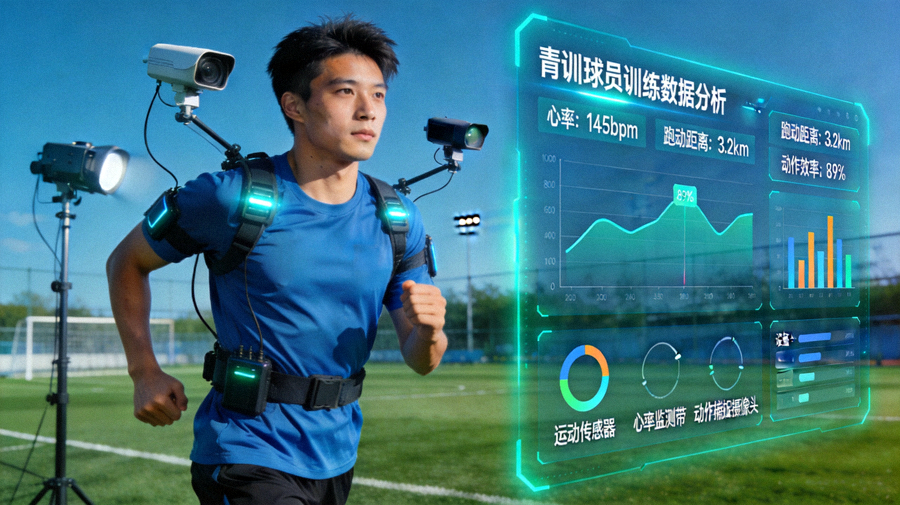 AI与数据驱动青训分析画面：年轻球员训练数据可视化界面与运动科学设备应用场景