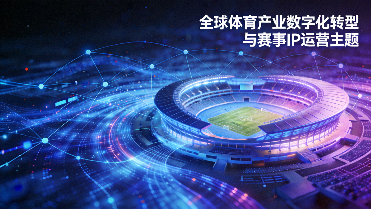 第一体育专业版专题文章配图：展示全球体育产业数字化转型与赛事IP运营的抽象概念图，包含数据流、连接网络和体育场馆的数字化渲染