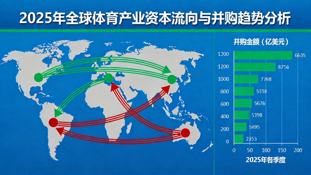 2025年全球体育产业资本流向与并购趋势分析主图，展示全球地图与资金流动可视化图表