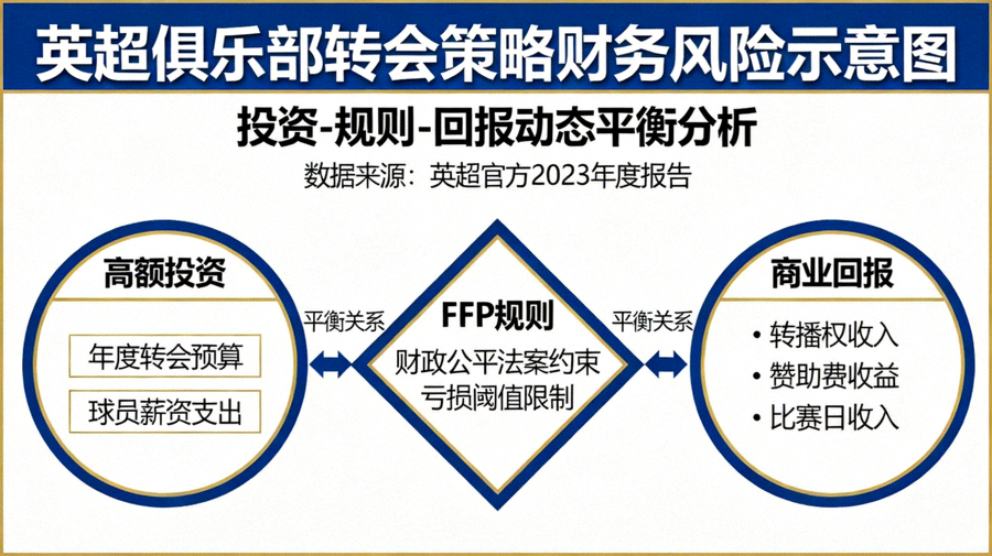 英超俱乐部转会策略财务风险示意图：展示高额投资、FFP规则与商业回报之间的平衡关系